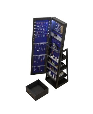 360° Swivel Jewelry Cabinet, Standing Jewelry Armoire Organizer, Lockable Storage Cabinet, Interior Lighted Mirror and Storage Drawers