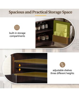 Rustic Storage Bench - Wood Shoe Cabinet Storage Ottoman with Removable Cushion, Woven Rattan Doors, Adjustable Shelves for Hallway