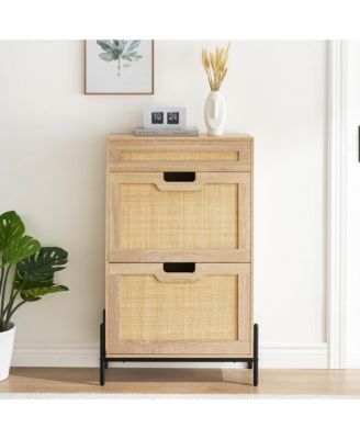 Entryway Freestanding Rattan Shoe Cabinet, 2 Flip Drawers + 1 Drawer Storage
