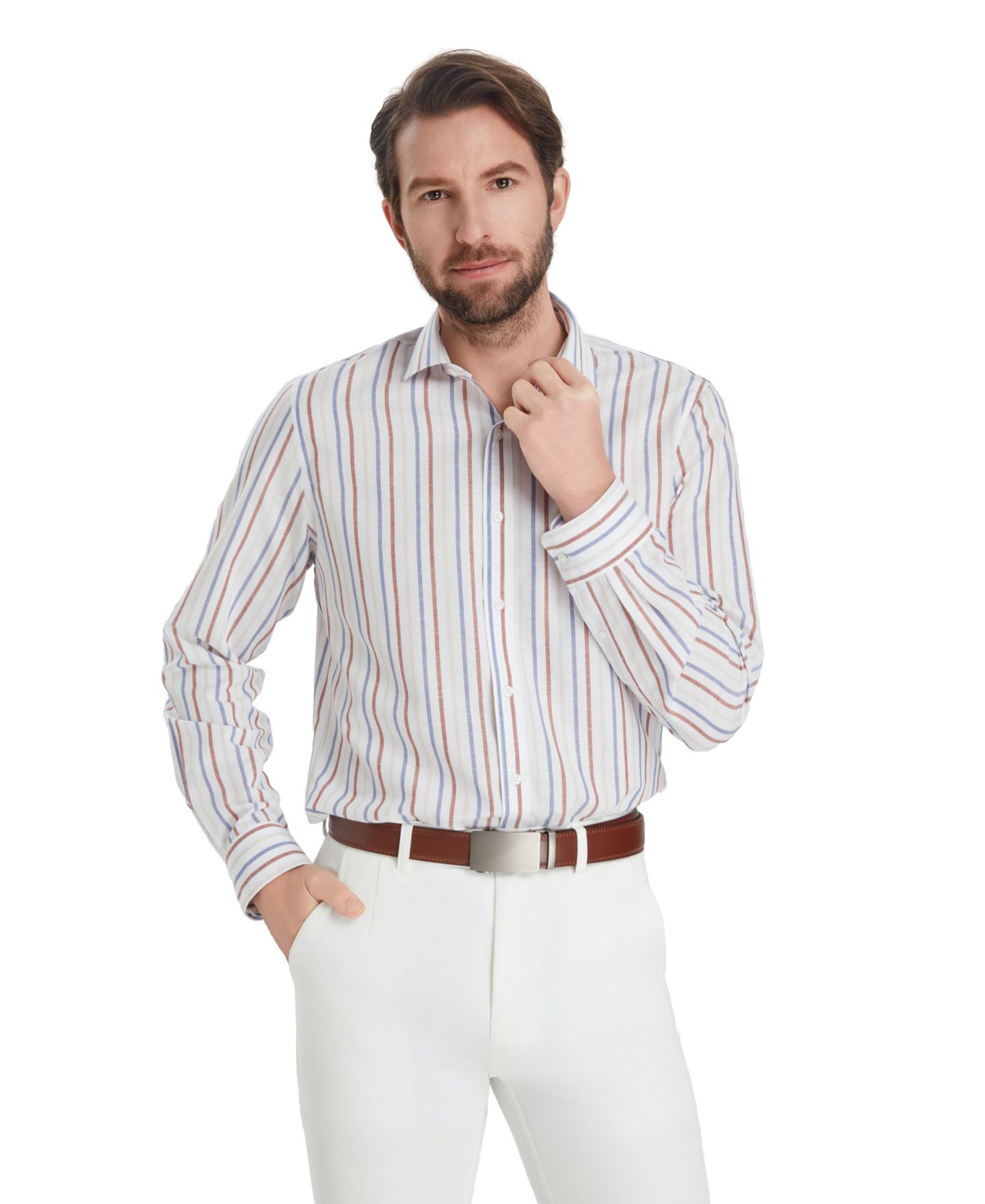 Мужская рубашка Bar III Slim-Fit Linen Oslo Stripe Dress Shirt, цвет: Белый комбинированный — фото 5