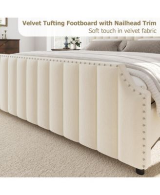 Platform Bed Frame  Headboard, Velvet Upholstered Bed Frame with Vertical Channel Tufted Headboard & Footboard
