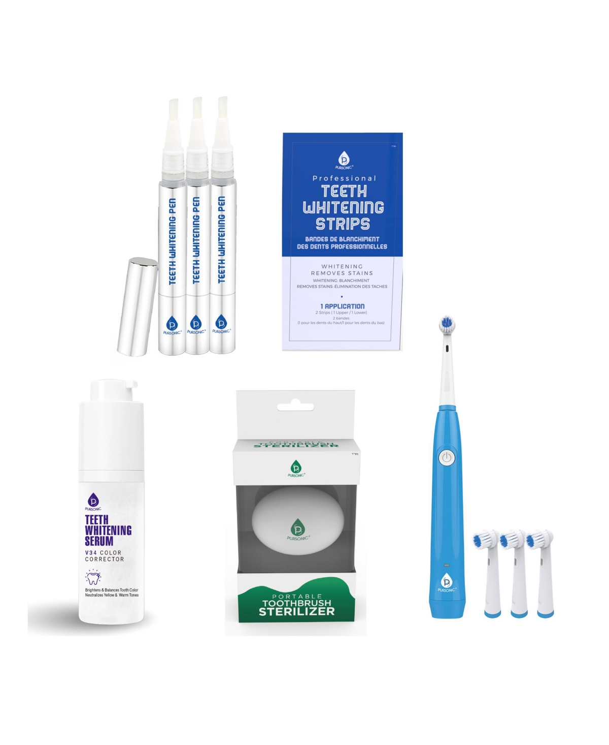 Pursonic Ultimate Smile Brightening Kit: Rotary Electric Toothbrush, Uv Sterilizer, V34 Serum, Whitening Strips, & Pens - White