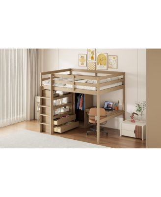  Wood Full Loft Bed w/ Wardrobe, Desk, Storage & Drawers, Walnut