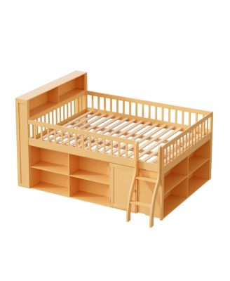 Queen Size Loft Bed with Storage, Headboard with LED Light, Natural