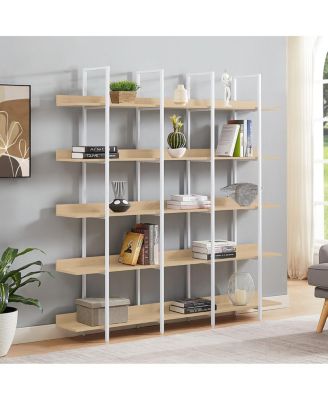 5 Tier Bookcase, Vintage Industrial Style Shelf, White Metal Frame, Oak