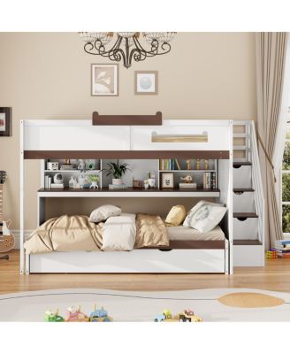 96 inches Full Over Full Bunk Bed with Twin Size Trundle and Staircase, Shelves, LED