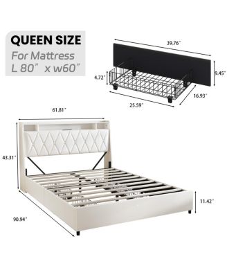  Queen Bed Frame with Ergonomic Headboard, Outlets, LED Light & Storage Shelf