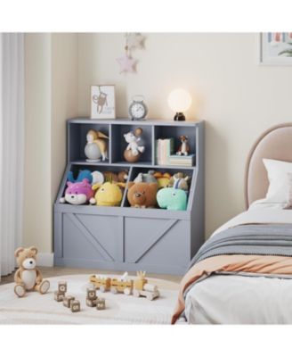 Kids Bookshelf and Toy Storage – Wooden Toy Organizer with Storage Cabinet and Shelf, Toddler Bookcase for Playroom, Bedroom, Nursery