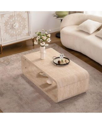 Modern Open-Frame Curved Light Wood Coffee Table with Storage