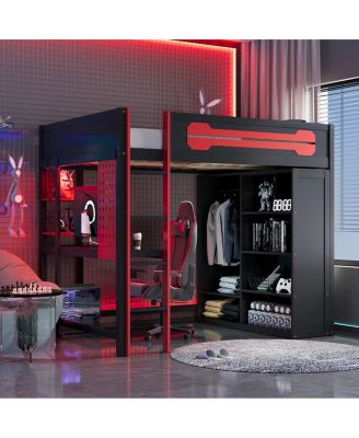 Streamdale Full Size Wood Loft Bed with Desk, Open Wardrobe and RGB Light