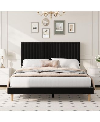 Upholstered Platform Velvet Bed Frame with Headboard,Strong Wooden Slats Support