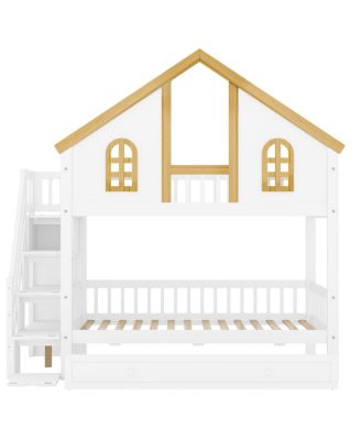 Streamdale Twin Size Wooden House Bunk Bed with Storage Staircase & Trundle