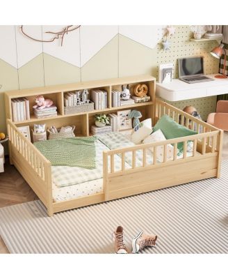 Wooden floor bed with fence guardrail & side storage.