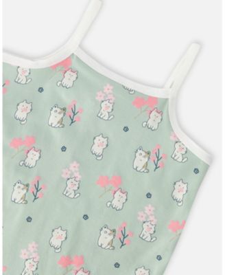 Girls Cotton Tank Underwear Green Kitten Print