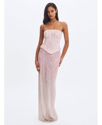 Women's Tosca Pink-to-White Beaded Gradient Strapless Maxi Dress