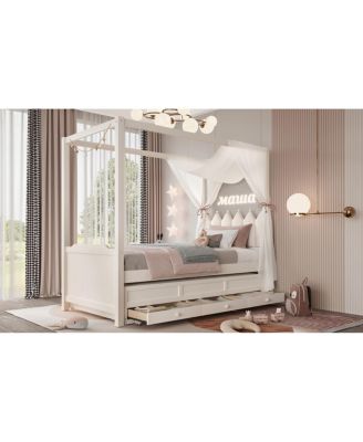 Twin Upholstered Platform Bed with Trundle, 3 Drawers & Canopy