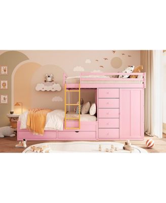 Full Size Bunk Bed with 2 Large & 5 Small Drawers, Wood & MDF