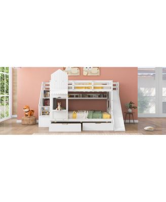 Full-Over-Full Castle Bunk Bed w/ Drawers, Shelves & Slide - White