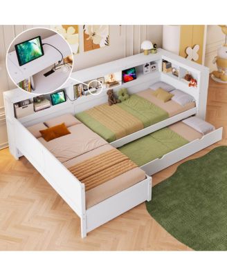 Wood Twin L-shaped Platform Bed with Trundle & Drawer