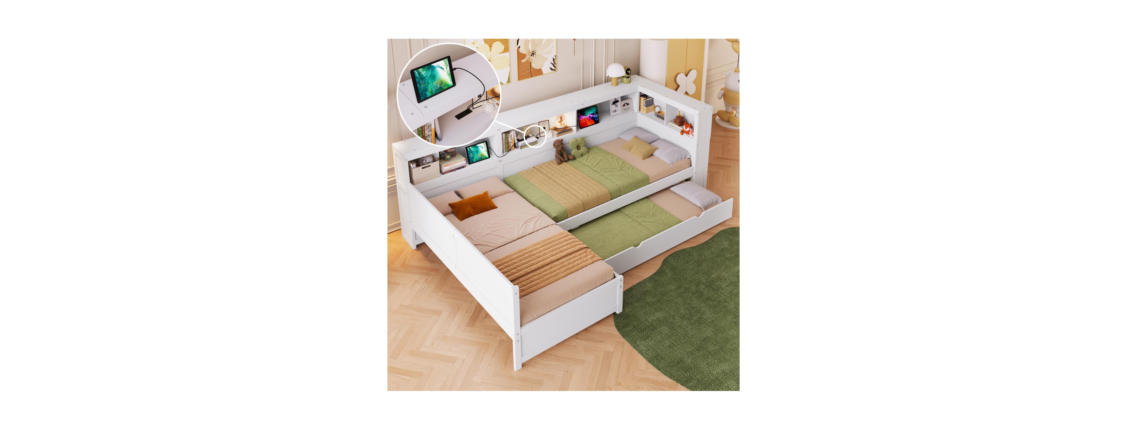 Streamdale Furniture Wood Twin L-shaped Platform Bed with Trundle & Drawer