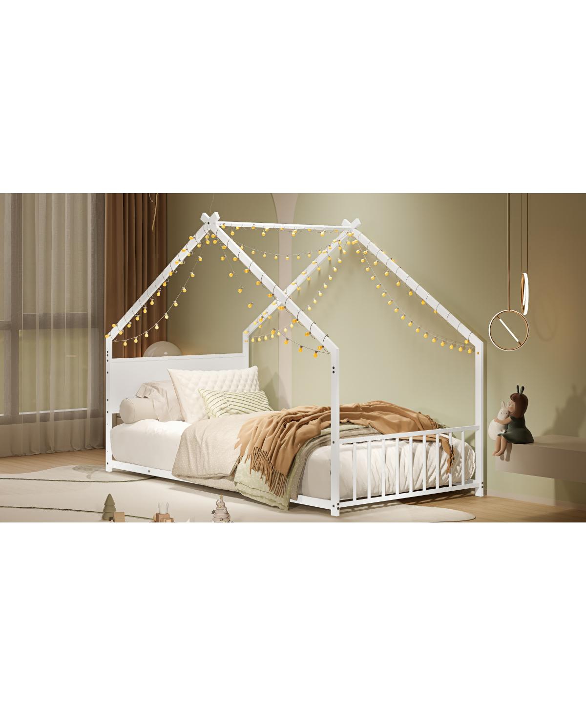Streamdale Furniture Twin Size House Bed with Roof & Lights, Metal Frame, No Box Spring