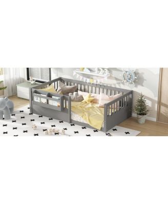  Twin Floor Bed with Fence & Bookshelf, Wood Kids Bed