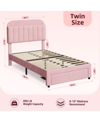 Twin Bed Frame with Storage Headboard, Velvet Upholstered Platform Bedframe for Kids, Girl Bed, Strong Wooden Slats, Noise-Free, Easy Assembly