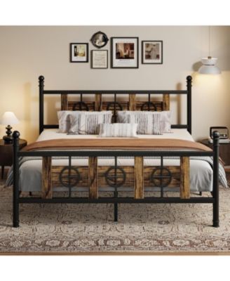 King Size Bed Frame with Headboard and Footboard, Metal King Bed Frame w/Vintage Circular Design & Storage Space Under Bed,Easy Assembly
