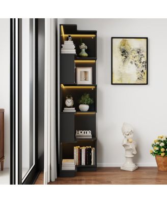 Corner Book Shelf - 5 Tier L Shaped Display Shelf Stand with LED Lights