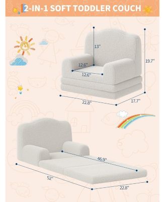 Kids Couch, 2-in-1 Comfy Toddler Couch Fold Out, Convertible Sofa to Lounger Foam Kids Chair with Soft Sherpa