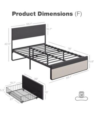 Upholstered Size Platform Bed Frame with 2 Storage Drawers and Headboard, Mattress Foundation with Steel Slat Support