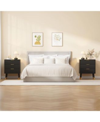 Fluted 3 Drawer Dresser Set of 2, Large Modern Nightstand Cabinet with Gold Metal Handles, End Table Wood Chest of Drawers for Bedroom.