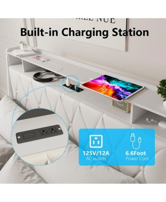 Queen Bed Frame with Ergonomic Headboard, Outlets & Storage Shelf