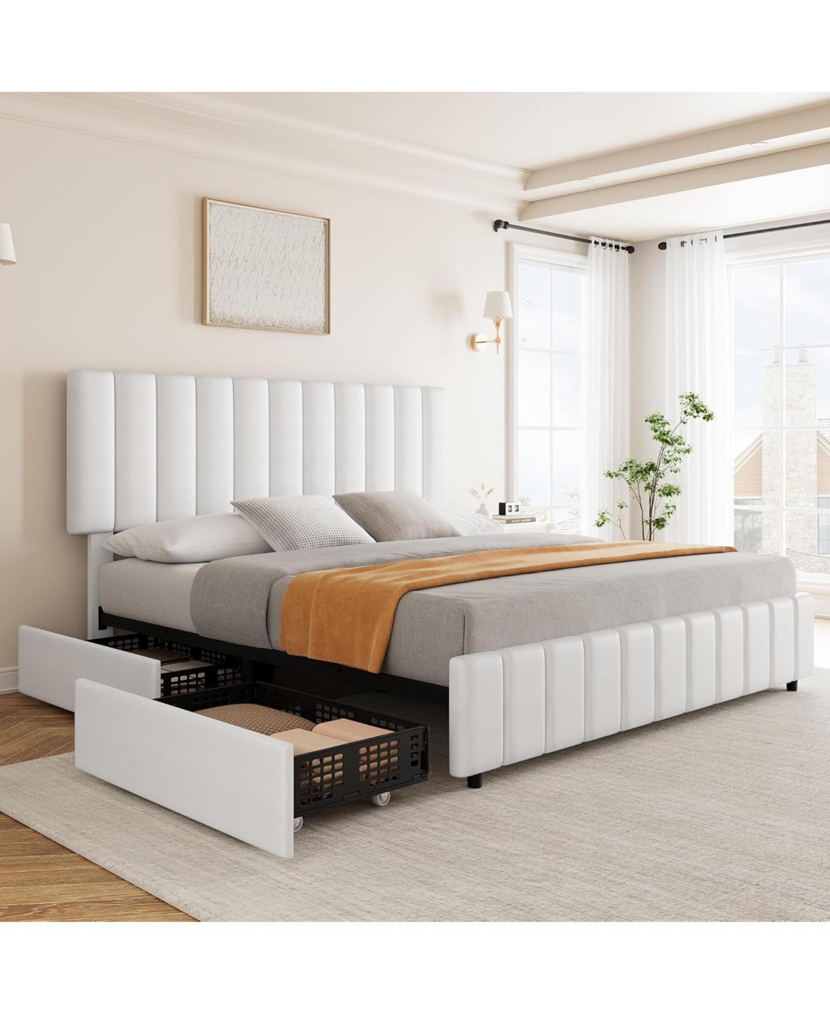gaomon White Queen Pu Leather Upholstered Bed Frame with 4 Storage Drawers, Adjustable Headboard