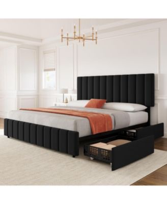 Full Linen Upholstered Platform Bed Frame with 4 Storage Drawers, Adjustable Headboard, Wooden Slats Support