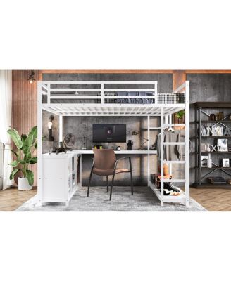  Metal Loft Bed with Wardrobe, L-shaped Desk & Storage