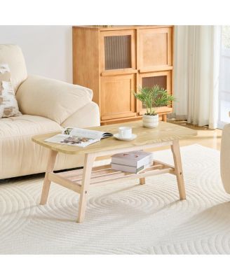 Solid Wood 2-Tier Coffee Table with Storage Shelf