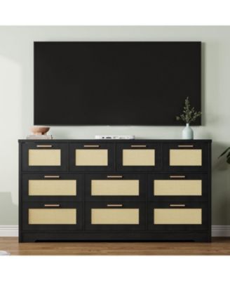 10 Drawers Dresser for Bedroom, Rattan Chest of Drawers with Spacious Tabletop & Handles, Closet Dresser Organizer TV Stand
