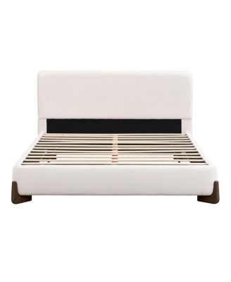 Elegant white queen upholstered bed with dark brown solid wood legs