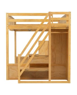 Queen Size Wooden Loft Bed with Staircase, Wardrobe & Shelves