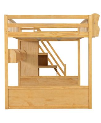 Queen Size Wooden Loft Bed with Staircase, Wardrobe & Shelves