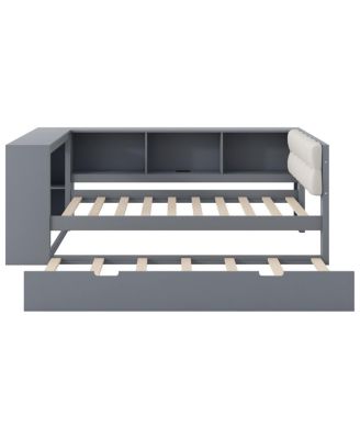 Wood Twin Platform Bed w/Storage, Trundle, Charging Station