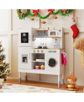 Kids Toy Kitchen Playset with Range Hood, Ice Maker & Telephone