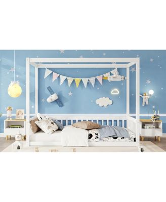 Twin Size Canopy Floor Bed with Fence