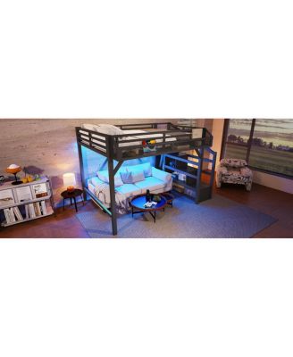 Full Loft Bed with Storage Stairs, Shelves, Wardrobe, USB, LED Lights