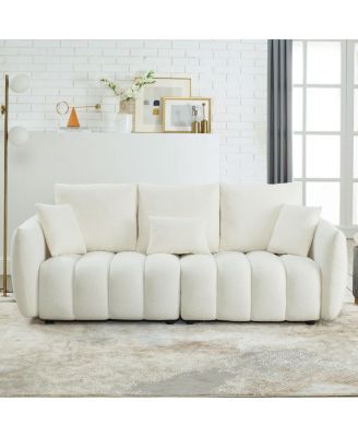 Teddy Fabric Sofa w/ 3 Pillows & Cushions, Solid Wood Frame 3-Seater