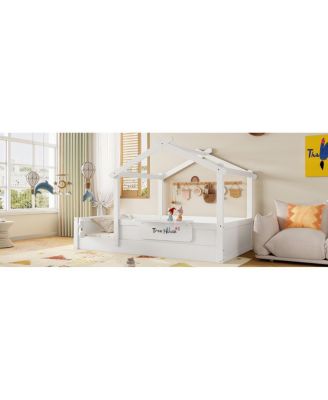 Twin Size House Floor Bed with Guardrails, Roof, Tray & Signboard
