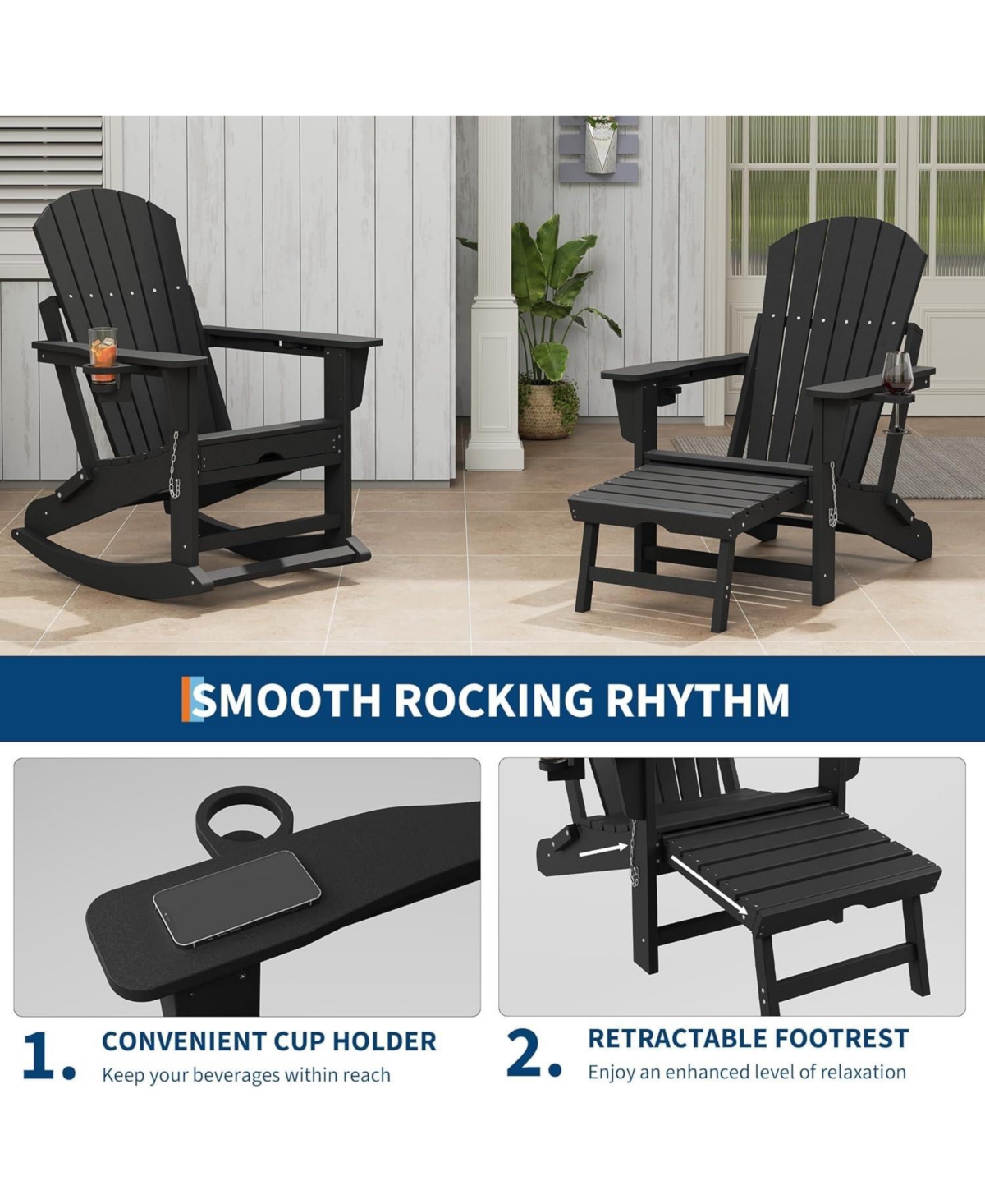gaomon Adirondack Rocking Chair, Folding & Portable Rocker with Retractable Ottoman Cup Holders, Hdpe All Weather Outdoor Chair for Porch