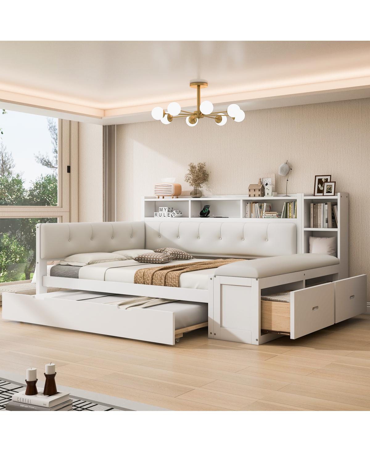 Streamdale Furniture Full Size Wood Daybed with Trundle, Storage, Charging Station, Cushion