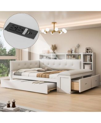 Full Size Wood Daybed with Trundle, Storage, Charging Station, Cushion